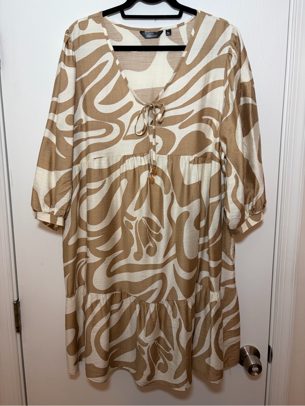 Mlle Gabrielle Beige & White Swirl Midi Dress with Tie